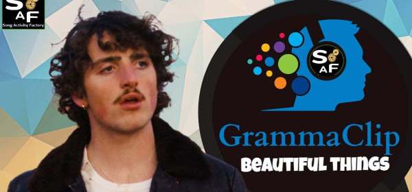 Benson Boone alongside the SAF logo and the words 'GrammaClip' and 'Beautiful Things' for an English language teaching activity.